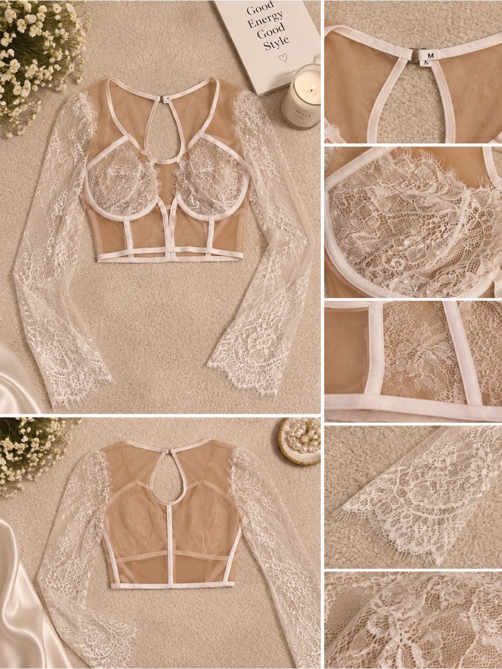 Sheer Lace Long-Sleeve Bralette Crop Top - White/Nude